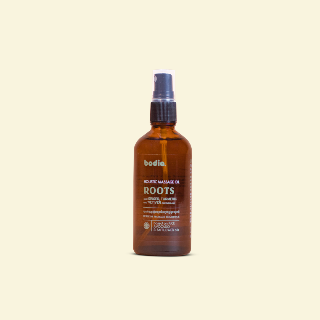 Holistic Massage Oil roots natural organic oil ginger turmeric vetiver sesame avocado safflower bodia spa apothecary