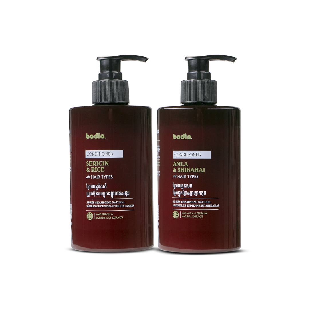 packshot après shampoing conditioner naturel sans sulfate fortifiant et renforce les cheveux à la séricine et au riz jasmin, ou amla shikakai. extrait naturel cambodge