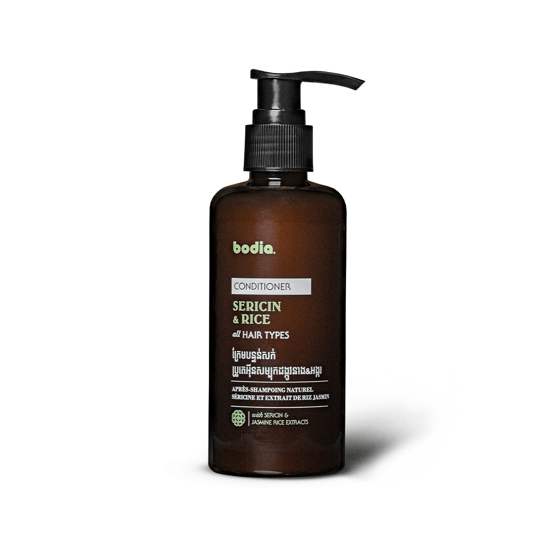 après shampoing conditioner naturel sans sulfate fortifiant et renforce les cheveux a la sericine et au riz. extrait naturel fabriqué au cambodge