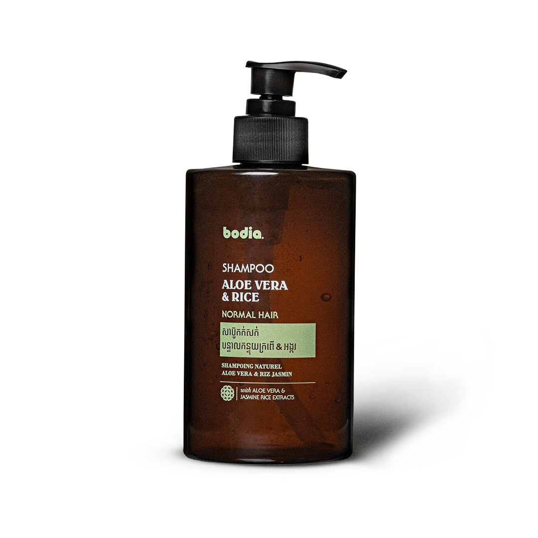shampoing naturel sans sulfate riz jasmin et aloe vera extraits naturel fortifie et renforce les cheveux naturellement fabriqué au Cambodge par Bodia Apothicaire